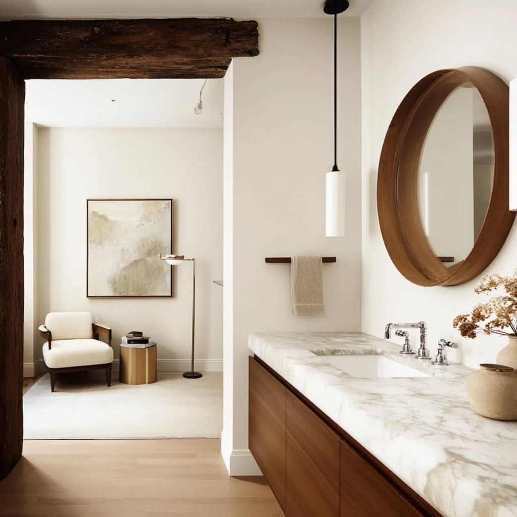 A modern bathroom vanity area with a white marble countertop, dark wood cabinets, a round wooden-framed mirror, and a hanging pendant light. Through an open doorway on the left, a second room is visible with a cream chair, floor lamp, and framed abstract artwork.