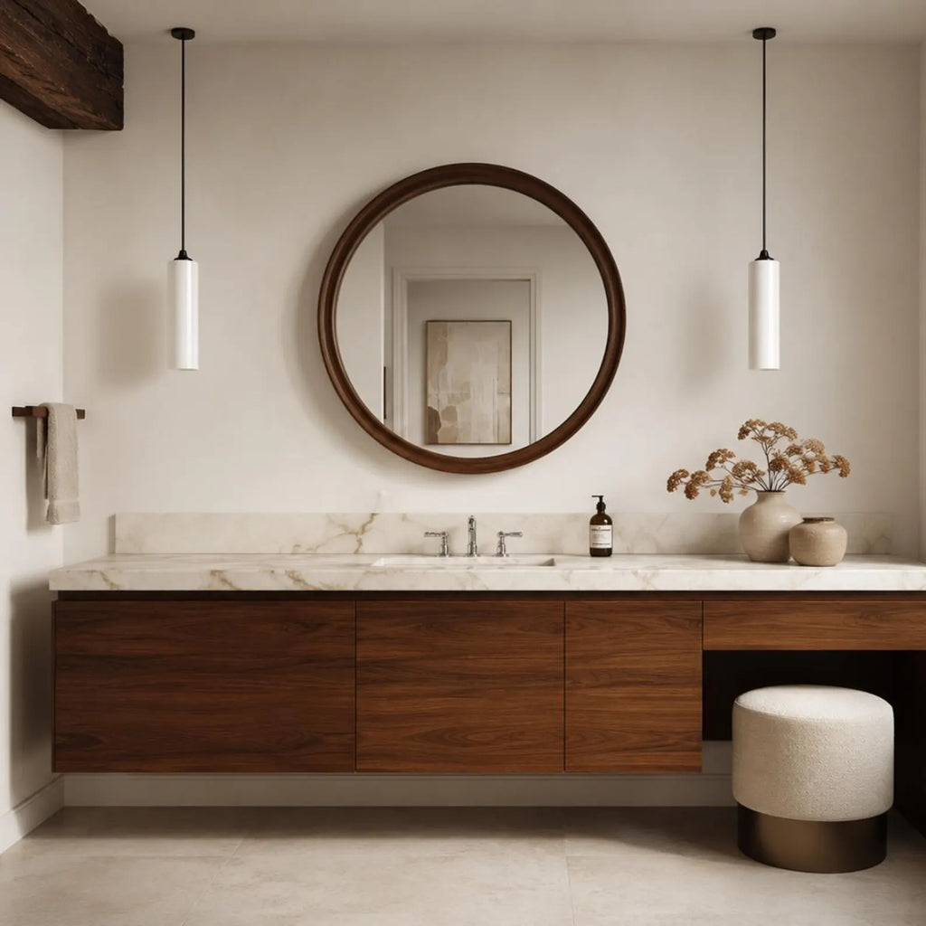 A modern floating bathroom vanity with a warm medium-brown wood cabinet, a white marble countertop, a large round wood-framed mirror, and two white pendant lights hanging above. A small beige stool is on the right, and the background wall is a warm off-white.