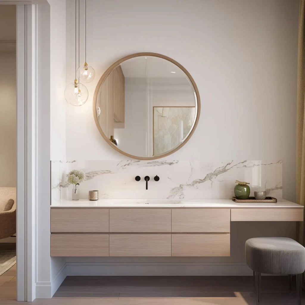 A modern bathroom vanity setup featuring a large round wood-framed mirror, a floating light wood vanity with a white marble-look backsplash, black faucet controls, pendant lights, and a gray upholstered stool.