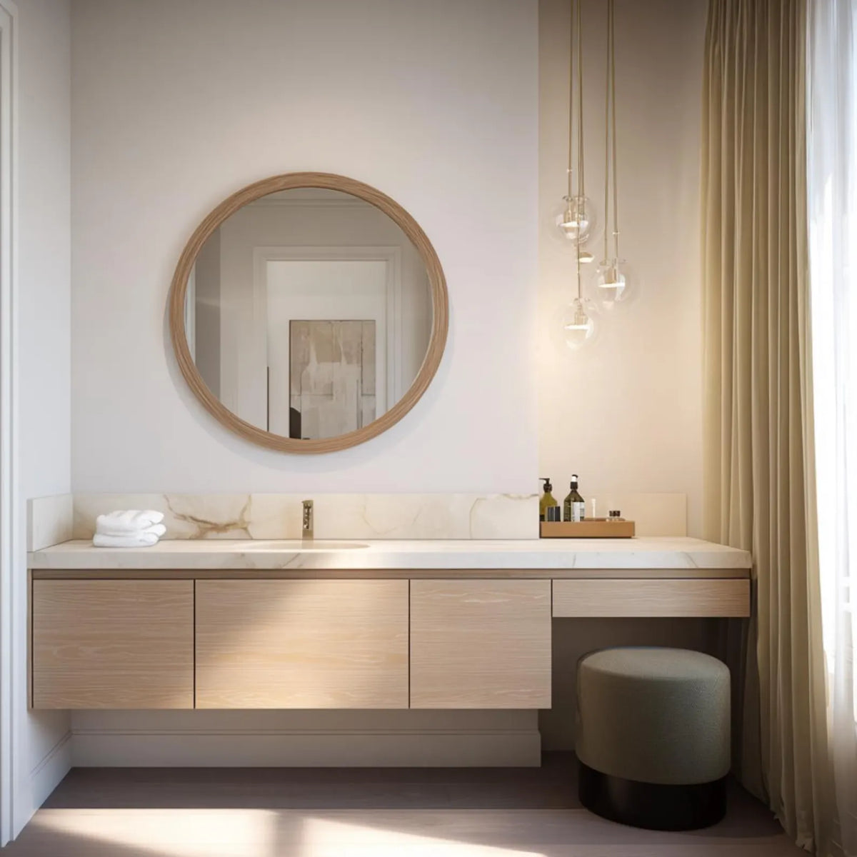 A modern bathroom vanity setup with a light wood floating cabinet, white marble countertop, a round wood-framed mirror, a small gray stool, and warm pendant lights in a softly lit room.