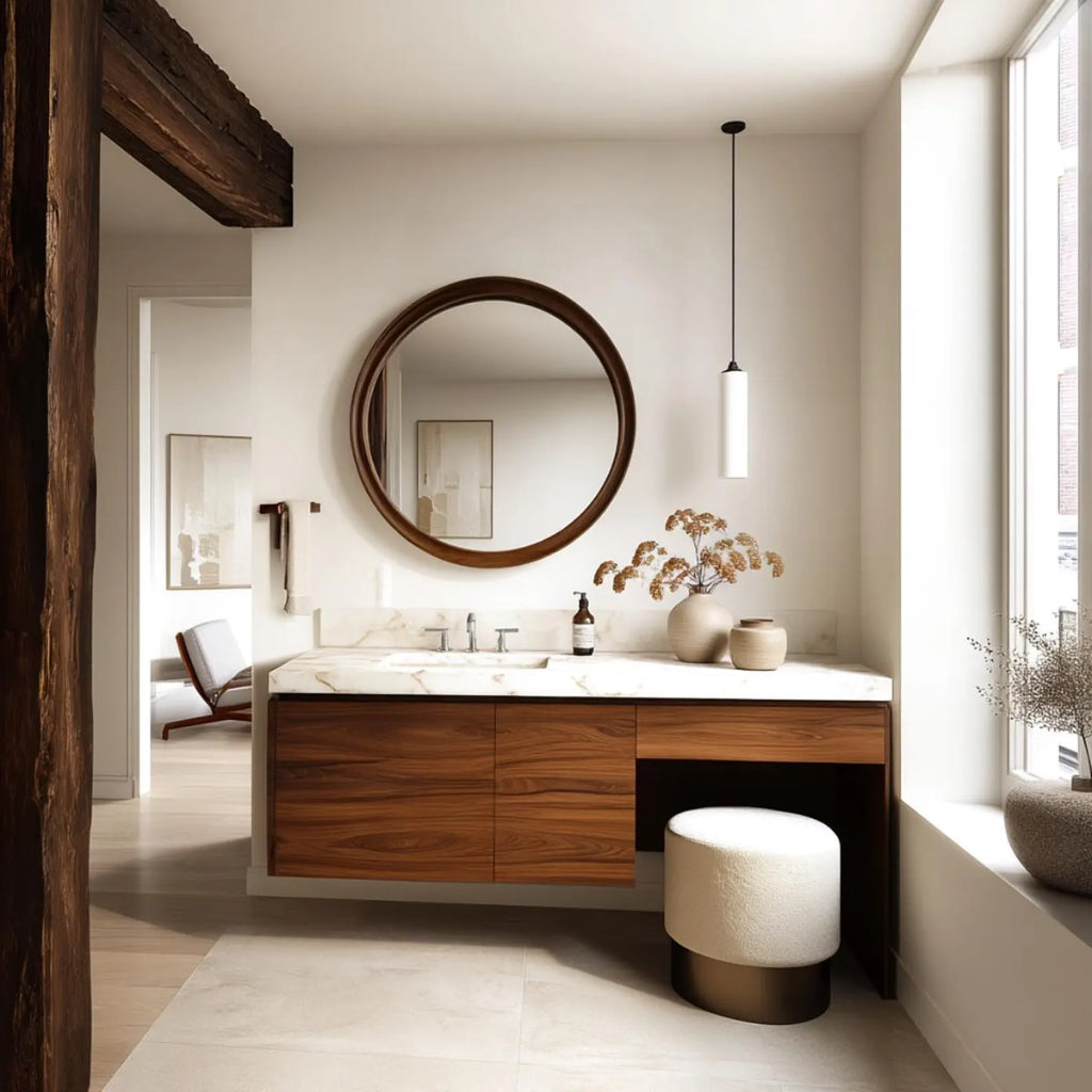 A modern bathroom vanity with a floating double sink, a round wood-framed mirror, a white marble countertop, and a matching wood-and-white stool in a bright, minimalist room.