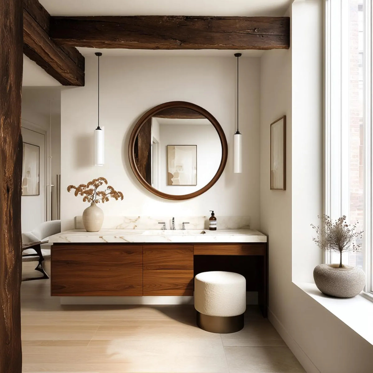 A modern bathroom vanity with a floating wooden cabinet, white marble countertop, a round wooden-framed mirror, and a white cylindrical stool, set in a bright room with exposed dark wood ceiling beams.
