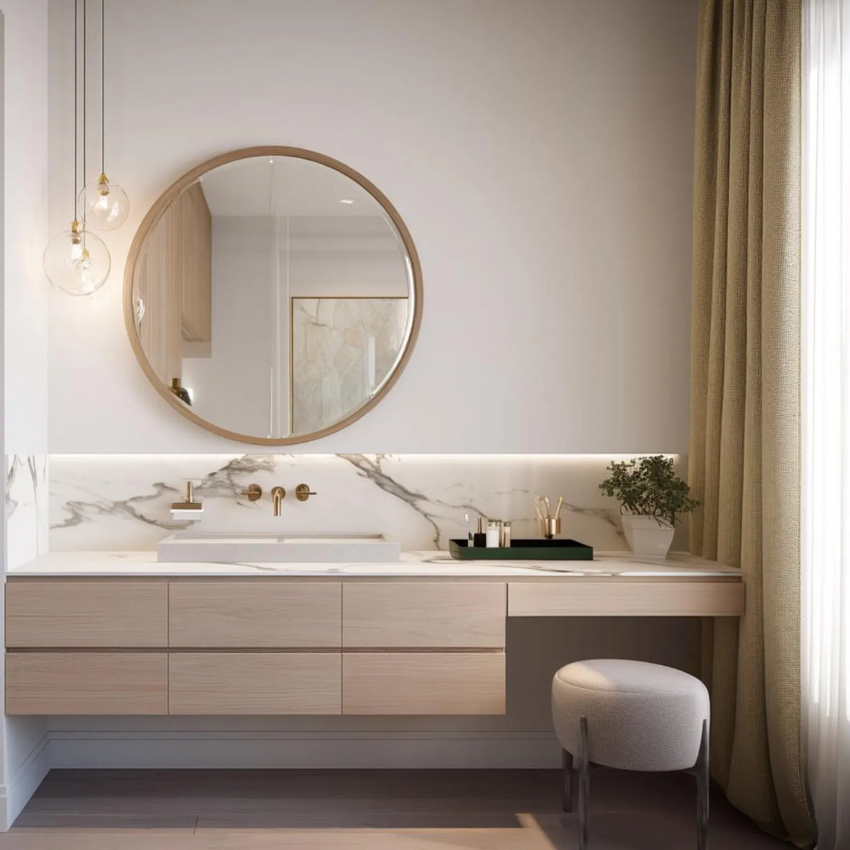 A modern bathroom vanity setup with a light wood floating desk and drawers, a white marble backsplash, a large round wood-framed mirror, gold faucet fixtures, a white stool, and beige curtains by a window.