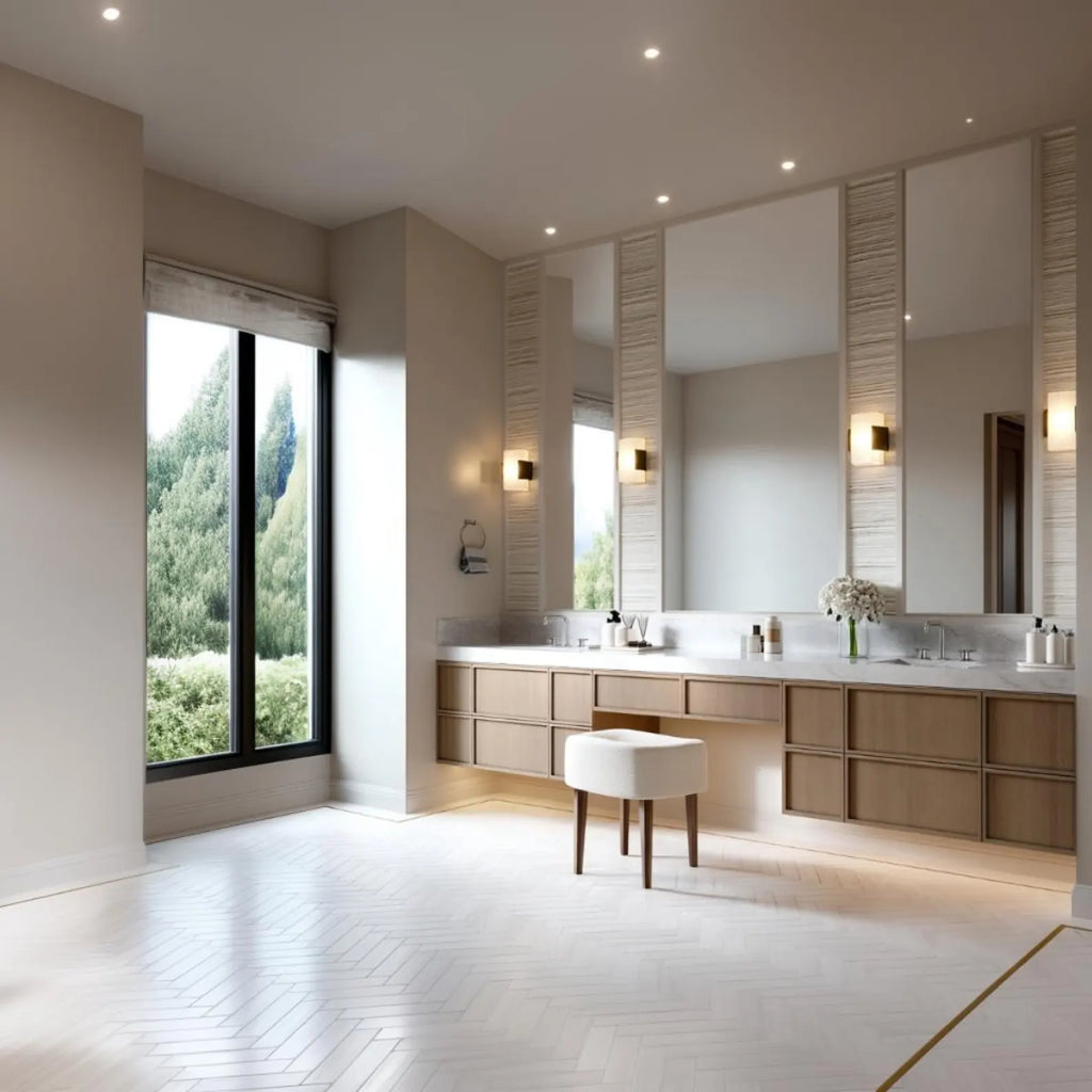 A modern double-sink bathroom vanity in a bright, minimalist bathroom. The vanity features light wood cabinets, a white countertop with two sinks, large mirrors, and a small white stool.