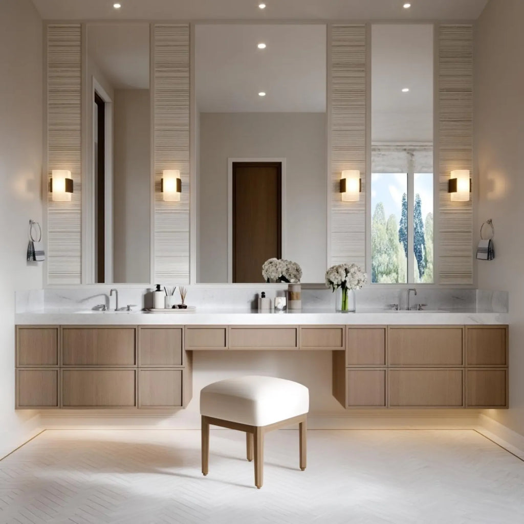 A modern double-sink bathroom vanity with light wood cabinets, a white countertop, a matching upholstered stool, and large wall-mounted mirrors with integrated sconces.
