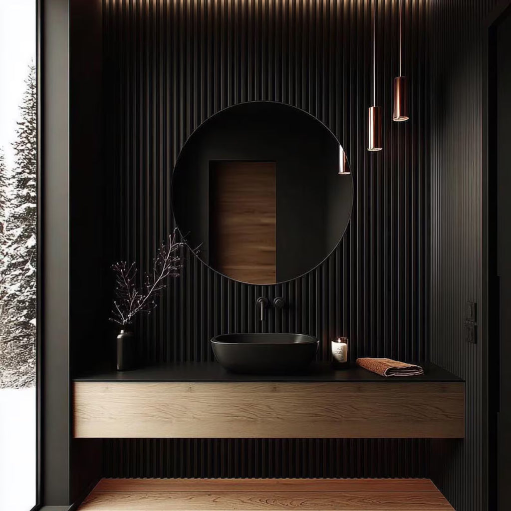 Modern bathroom vanity with a round black vessel sink, matte black countertop, wood floating cabinet, a large round black mirror, and a dark ribbed wall. A window on the left shows a snowy outdoor scene, and two copper pendant lights hang above.
