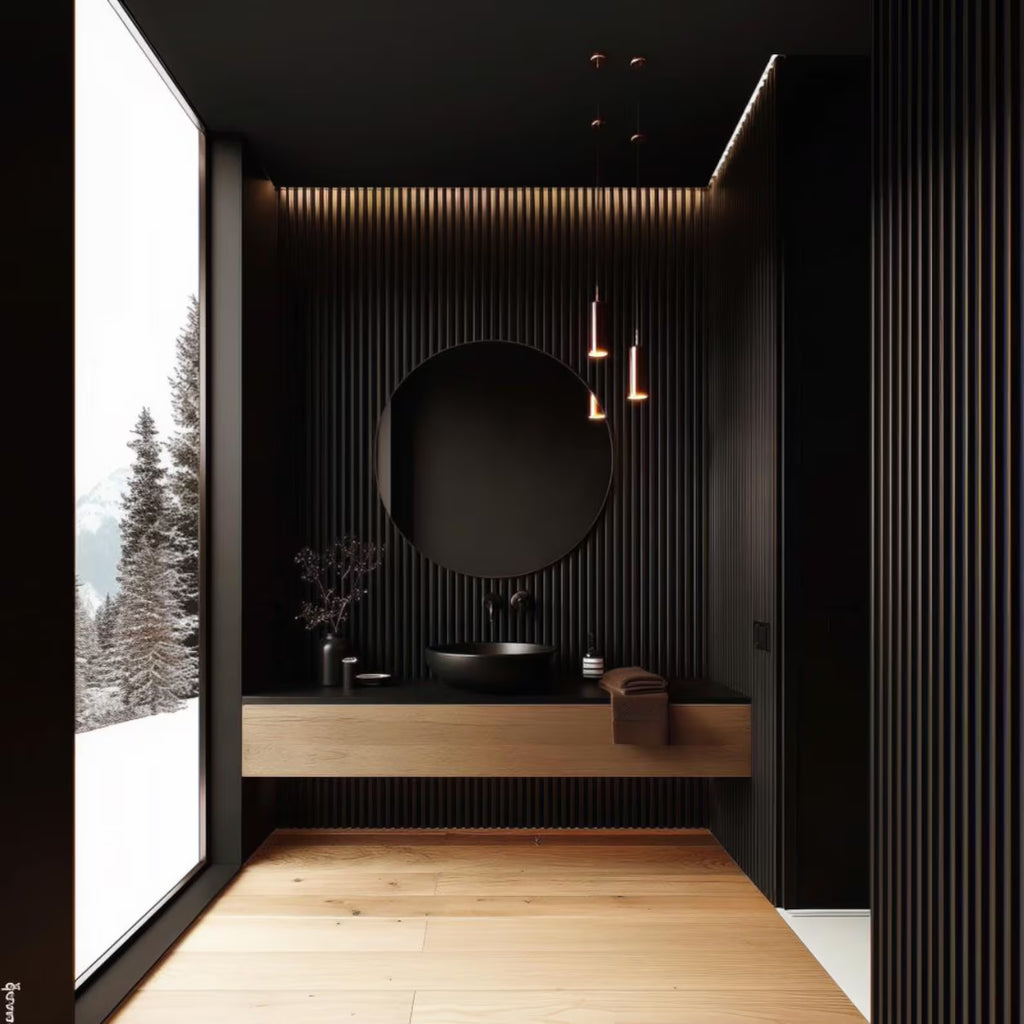 A modern minimalist bathroom interior with a black vessel sink, round black mirror, and floating wooden vanity against a black ribbed wall. A large window on the left shows a snowy outdoor scene, and warm pendant lights hang above the sink.
