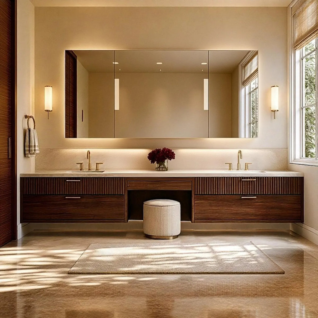 A modern double-sink bathroom vanity with dark wood cabinets, a white countertop, a large wall mirror, and a round white stool in a warm beige bathroom setting.
