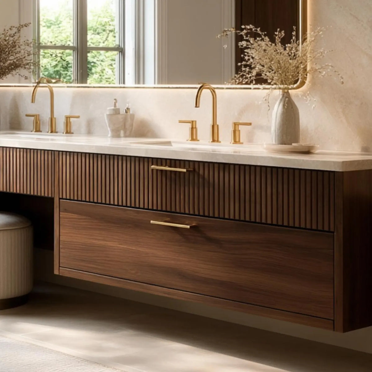 A modern floating bathroom vanity with dark wood slatted fronts, a white countertop, and gold faucets in a bright, sunlit bathroom.