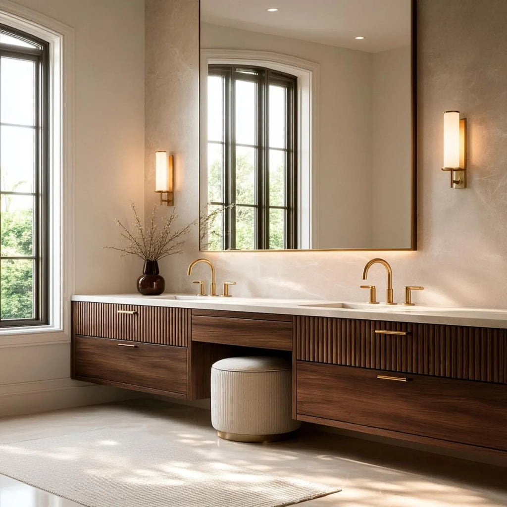 Walnut Double Vanity with Makeup Area | Fluted Floating Vanity