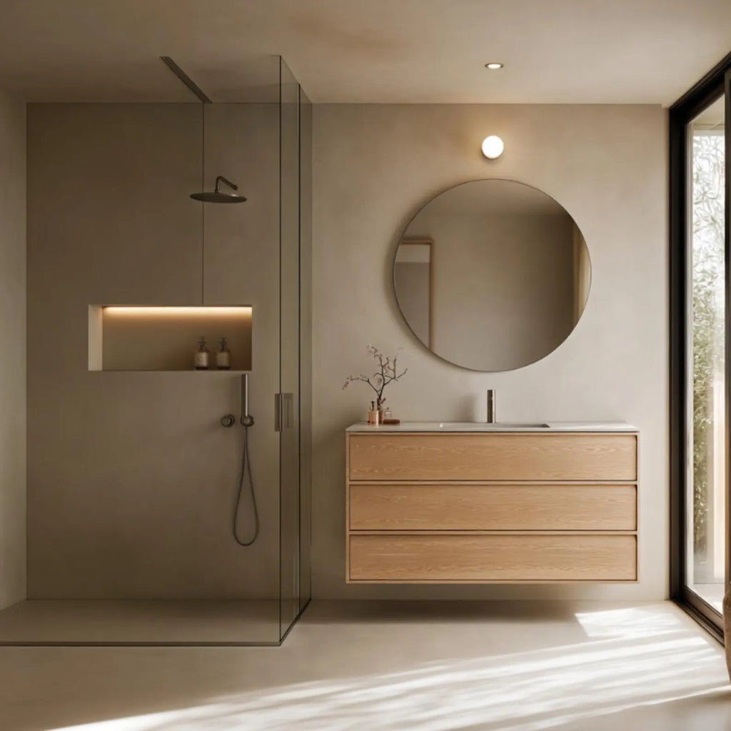 Minimalist modern bathroom featuring a floating light wood vanity with a white sink, a round wall mirror, a glass shower enclosure, and warm neutral beige walls and floor.