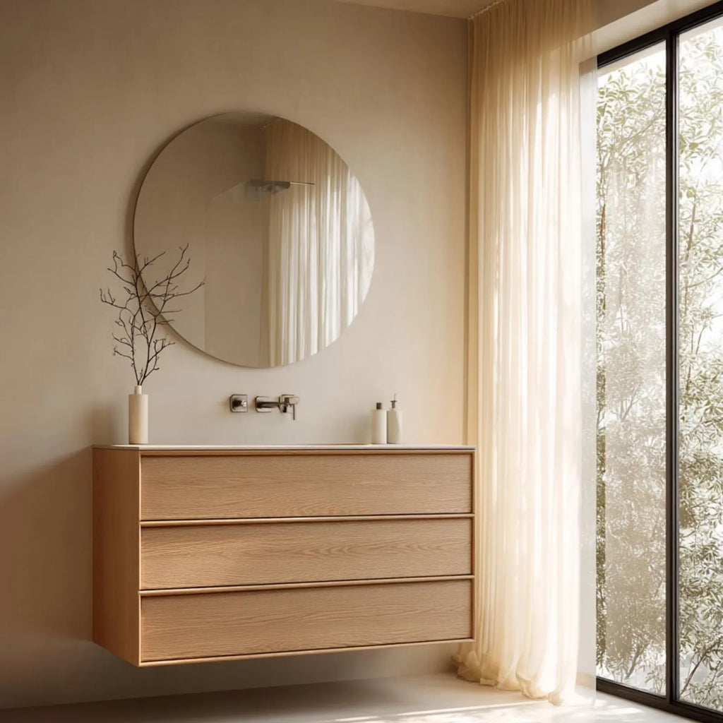 A modern floating wooden bathroom vanity with three drawers, styled with a round wall mirror, chrome faucet, and a vase with dried branches, set against a beige wall next to a window with sheer curtains.