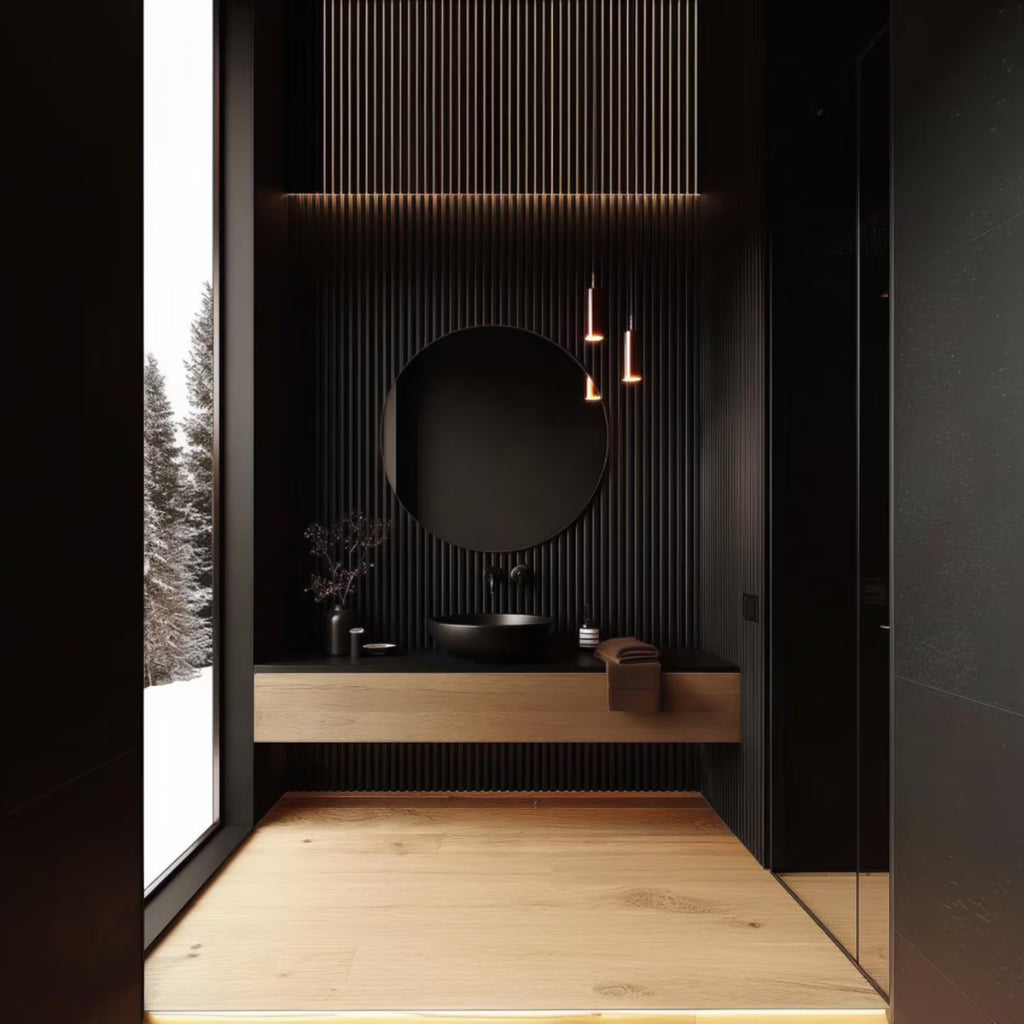 A modern bathroom interior with a black slatted wall, round black mirror, black vessel sink, light wood vanity, and warm pendant lights. A large window on the left shows a snowy outdoor scene.