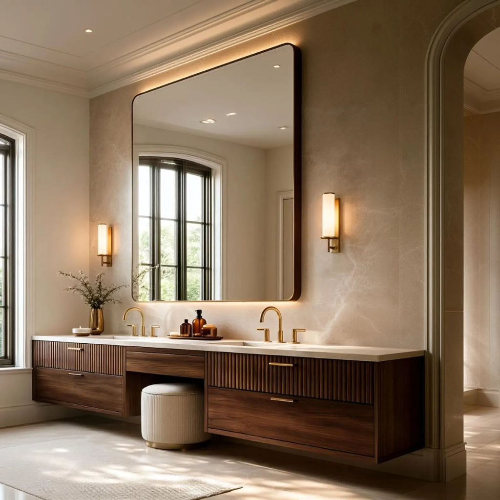A modern double-sink bathroom vanity with a large rectangular wall mirror, dark wood cabinets, a white marble countertop, and gold fixtures in a softly lit beige bathroom.