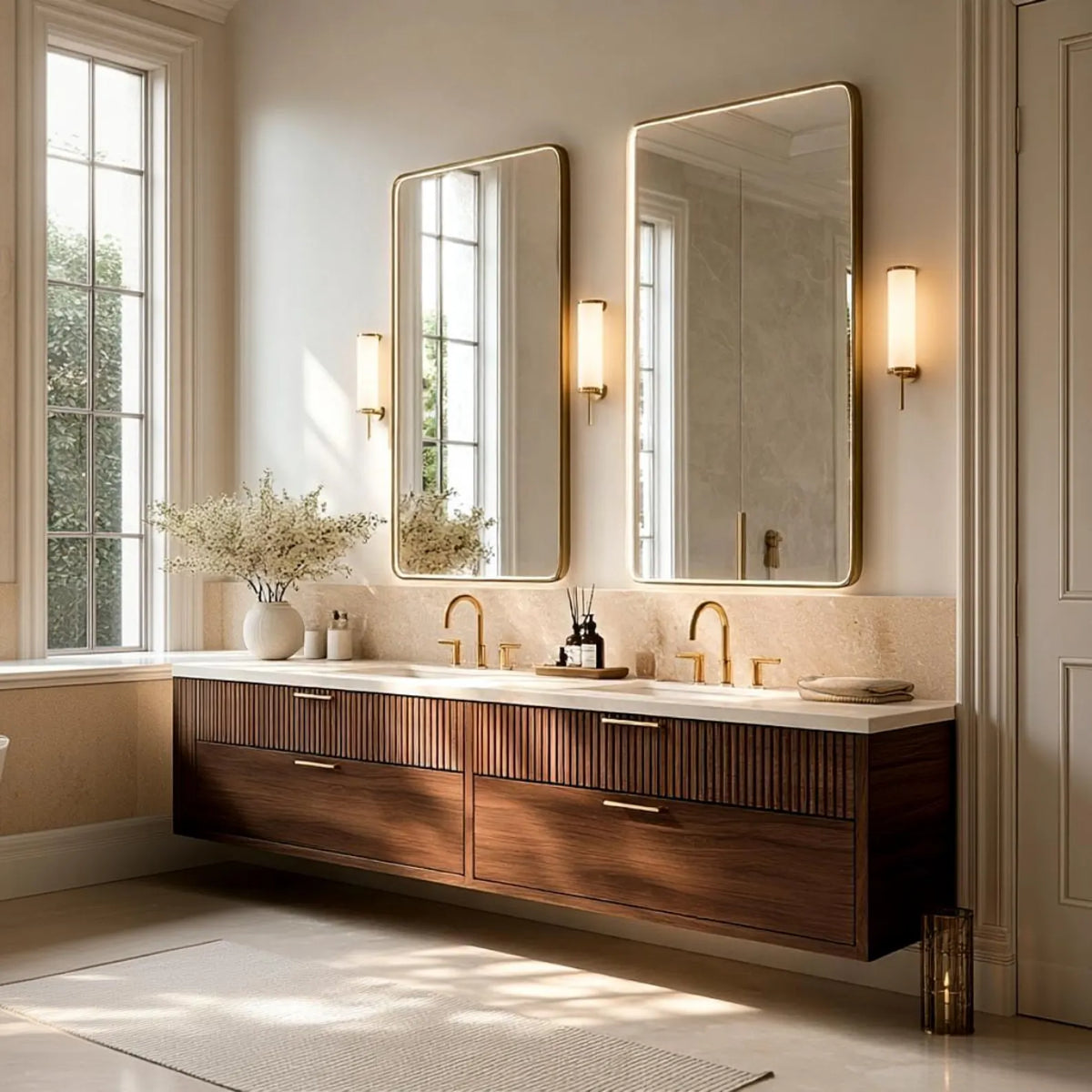 A modern double-sink bathroom vanity with a floating dark wood cabinet, white countertop, two large rectangular mirrors with gold frames, and wall-mounted gold sconces. The room has warm beige walls, a window on the left, and soft natural light across the floor.