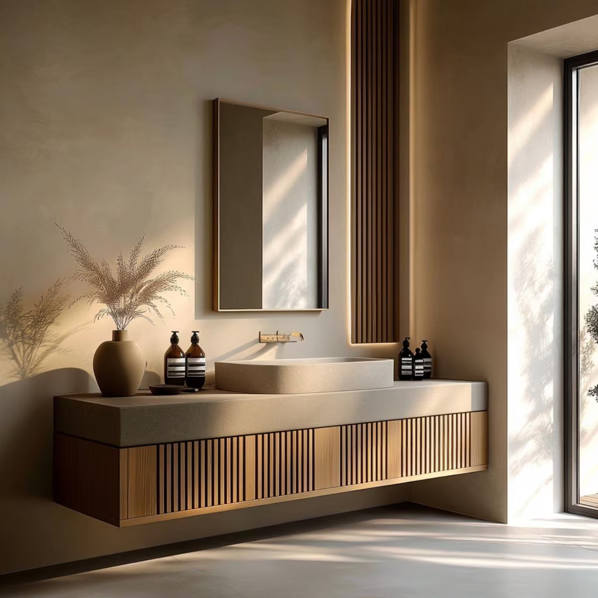 Fluted wood floating bathroom vanity in Japandi style, handcrafted from oak or walnut veneer