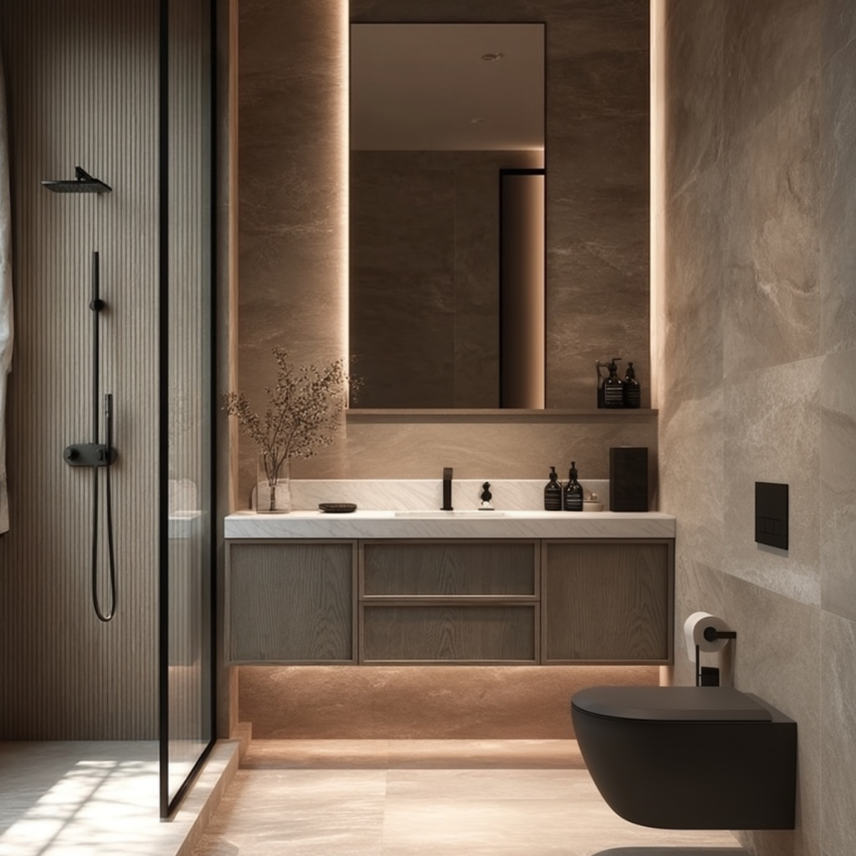 wall mounted white oak vanity with slim shaker doors