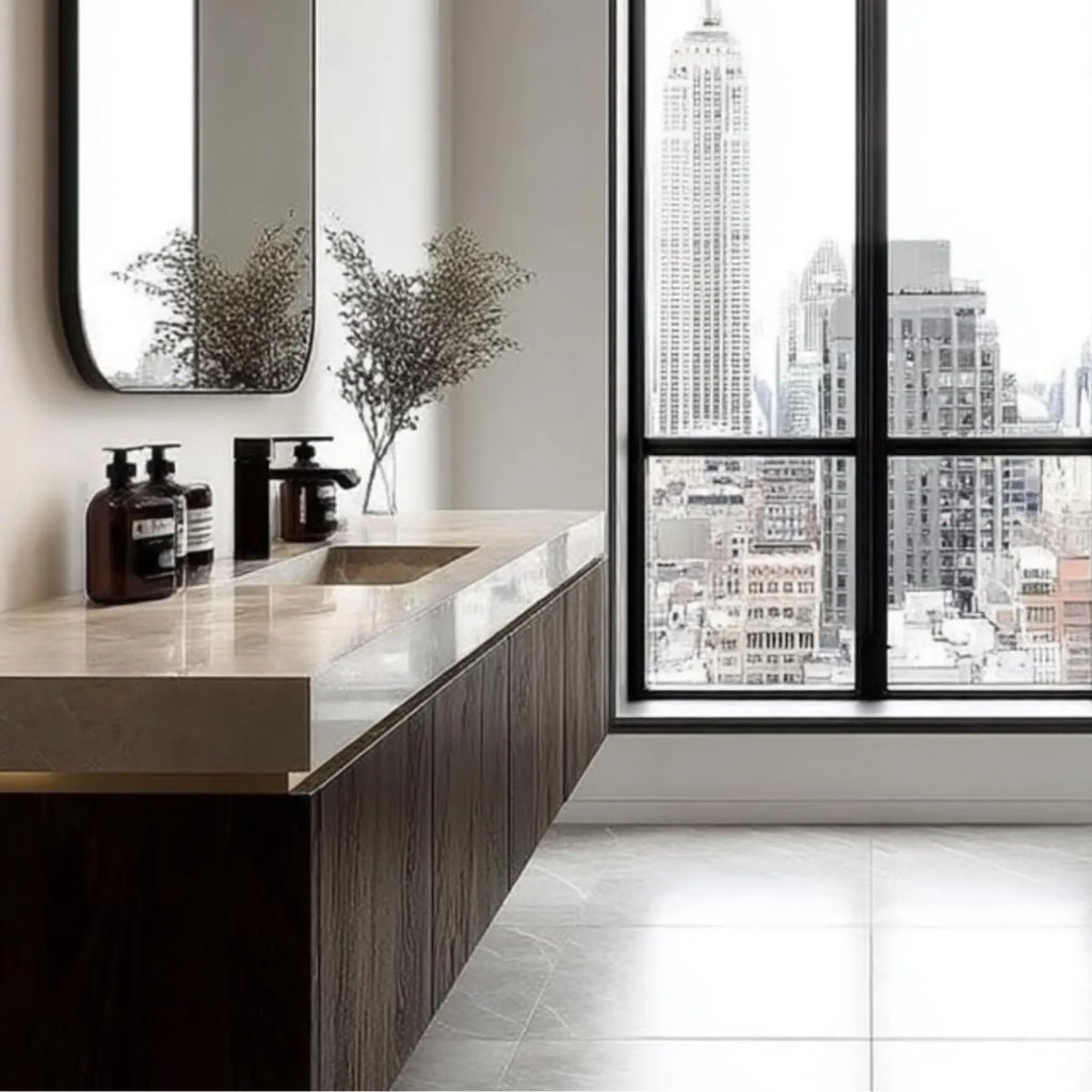 luxury bathroom vanity in black oak with elegant brass handle detail by HEAVEN