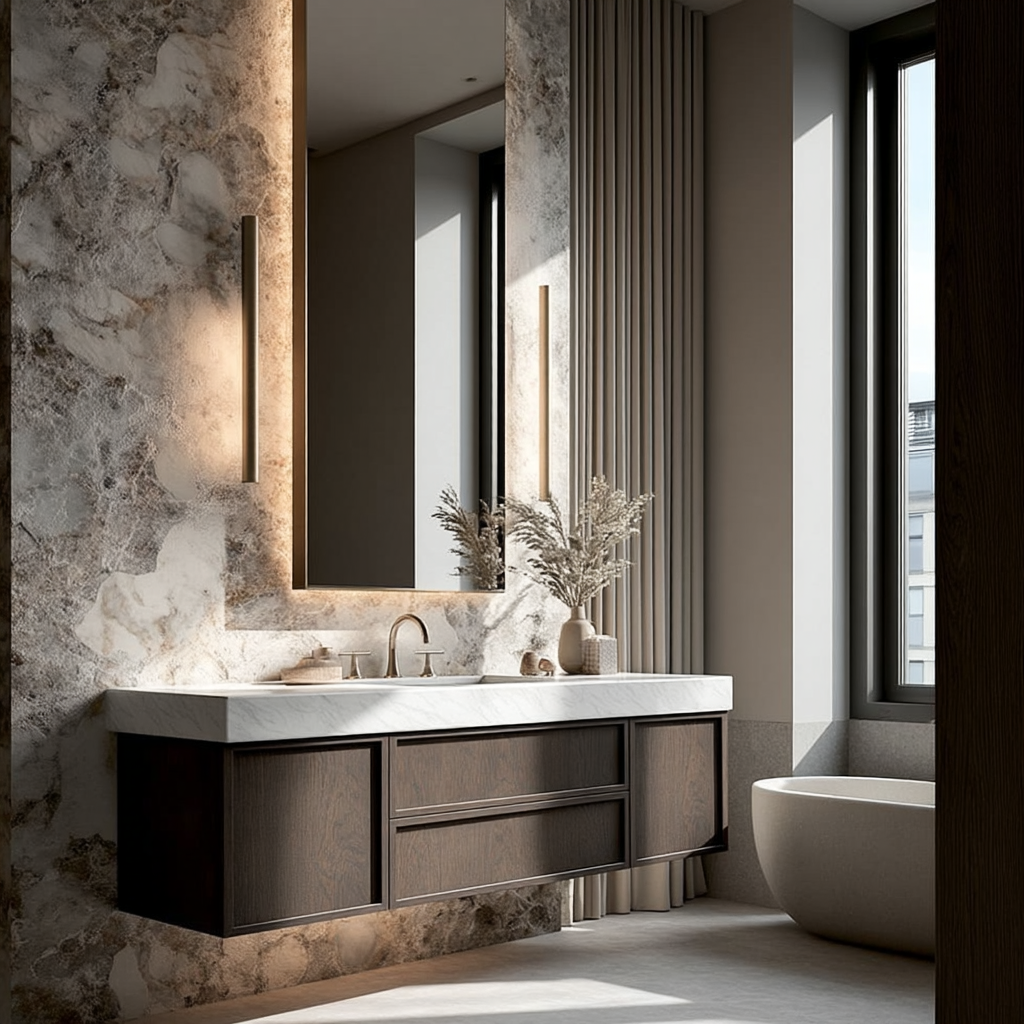 chocolate tone oak floating vanity with slim shaker doors