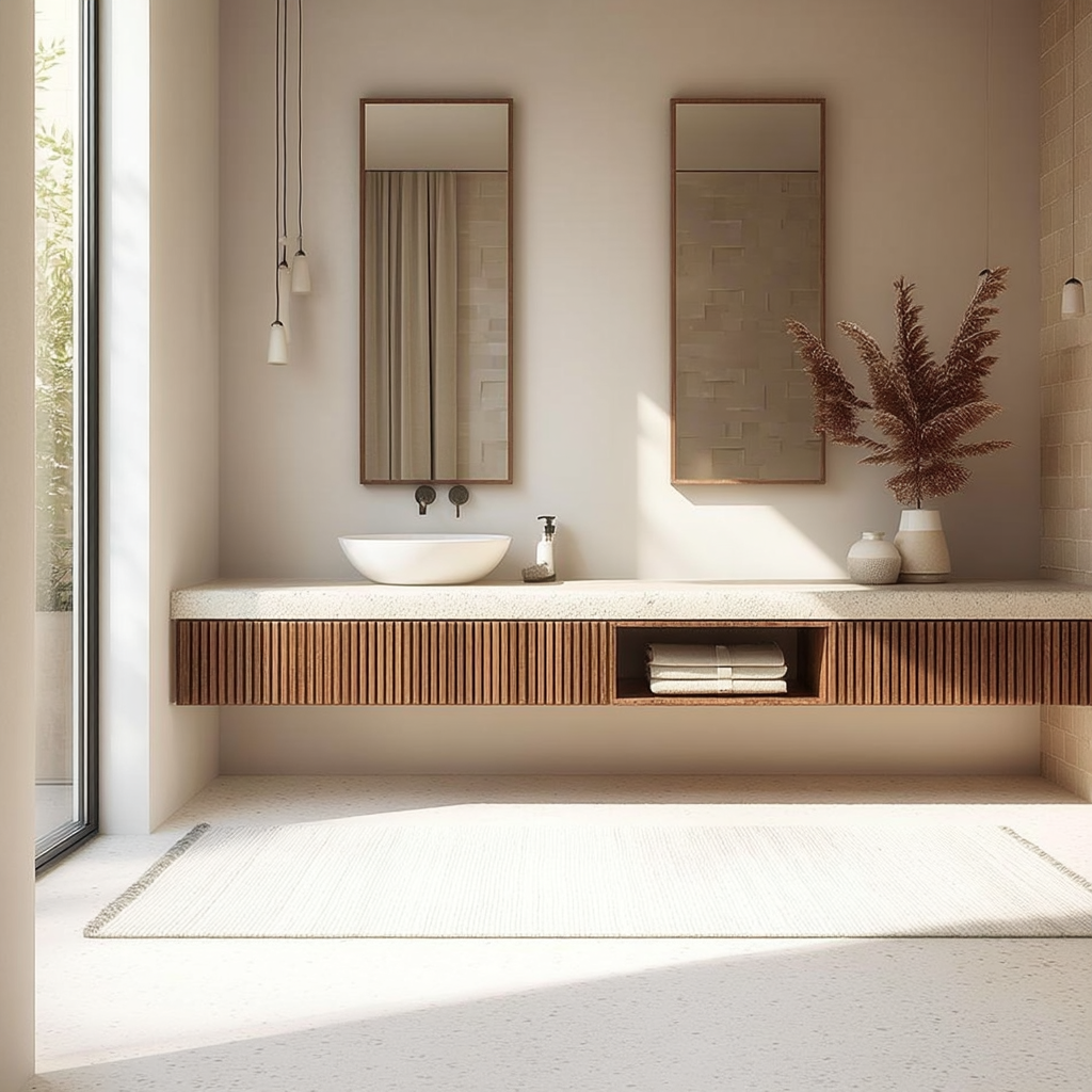 luxury fluted walnut bathroom cabinet