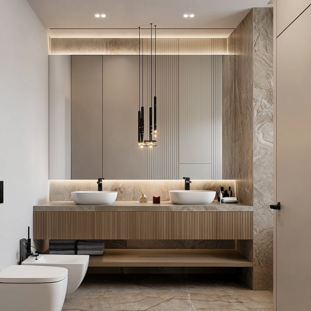 luxury walnut floating vanity with fluted texture
