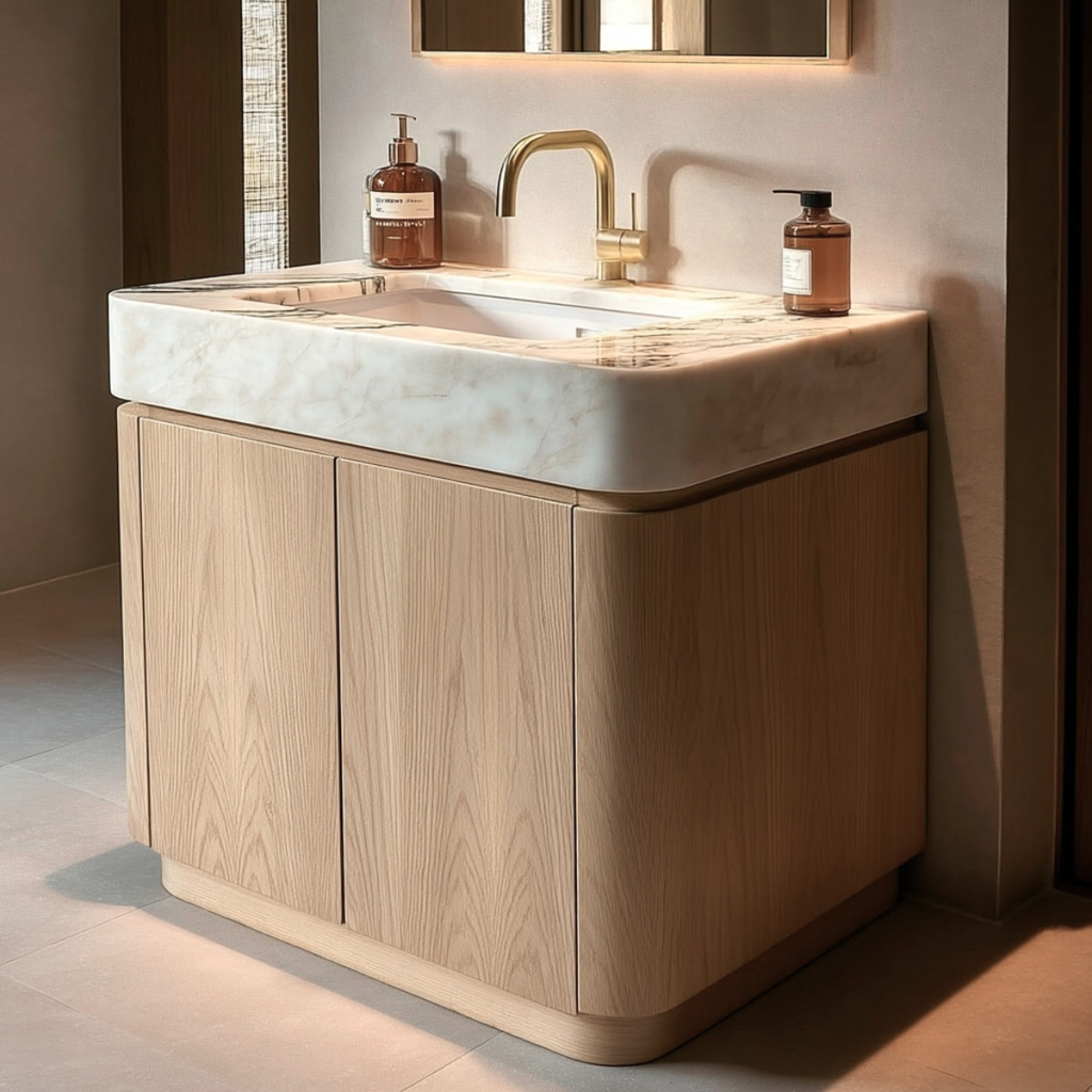 mid century curved oak bathroom cabinet