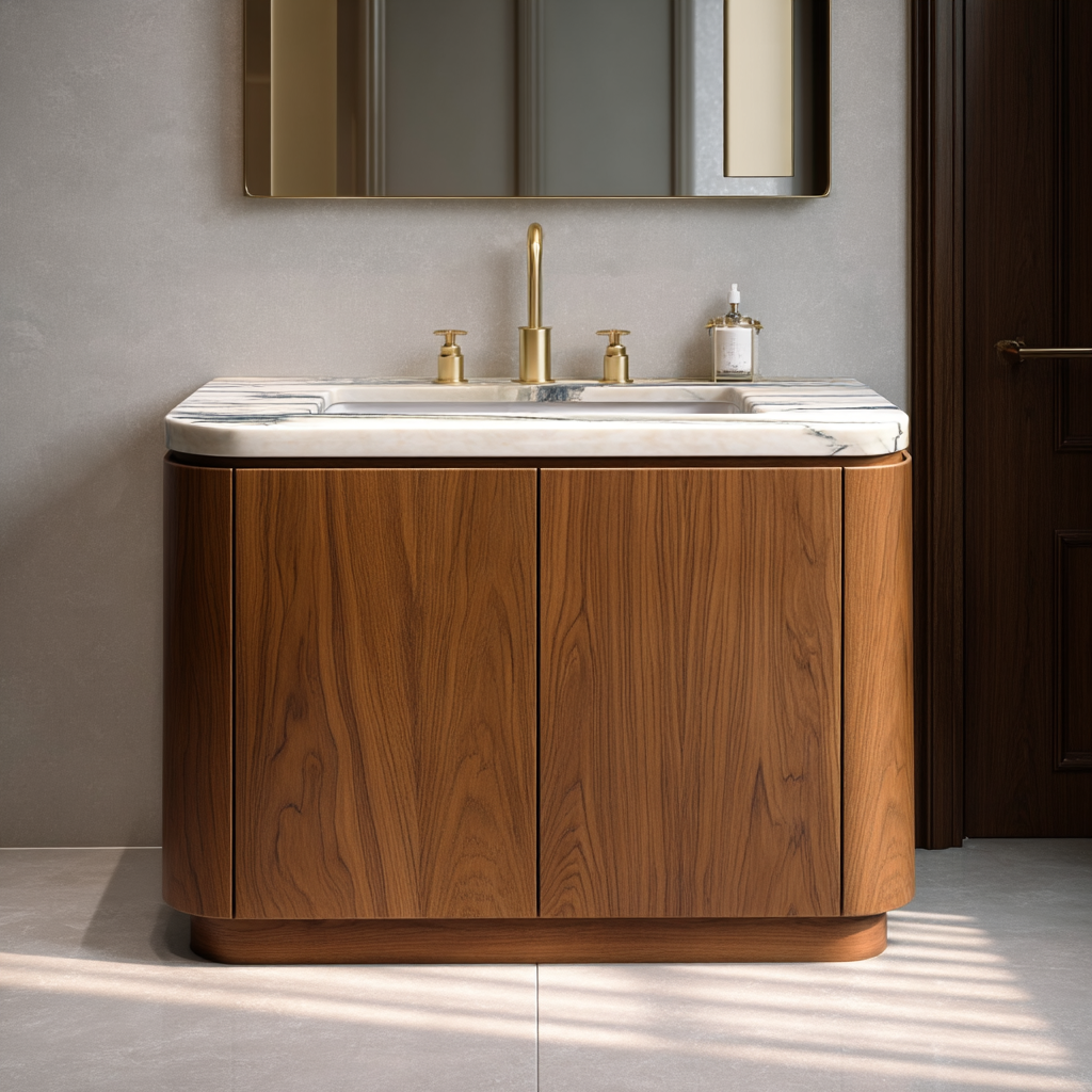 mid century curved walnut bathroom cabinet