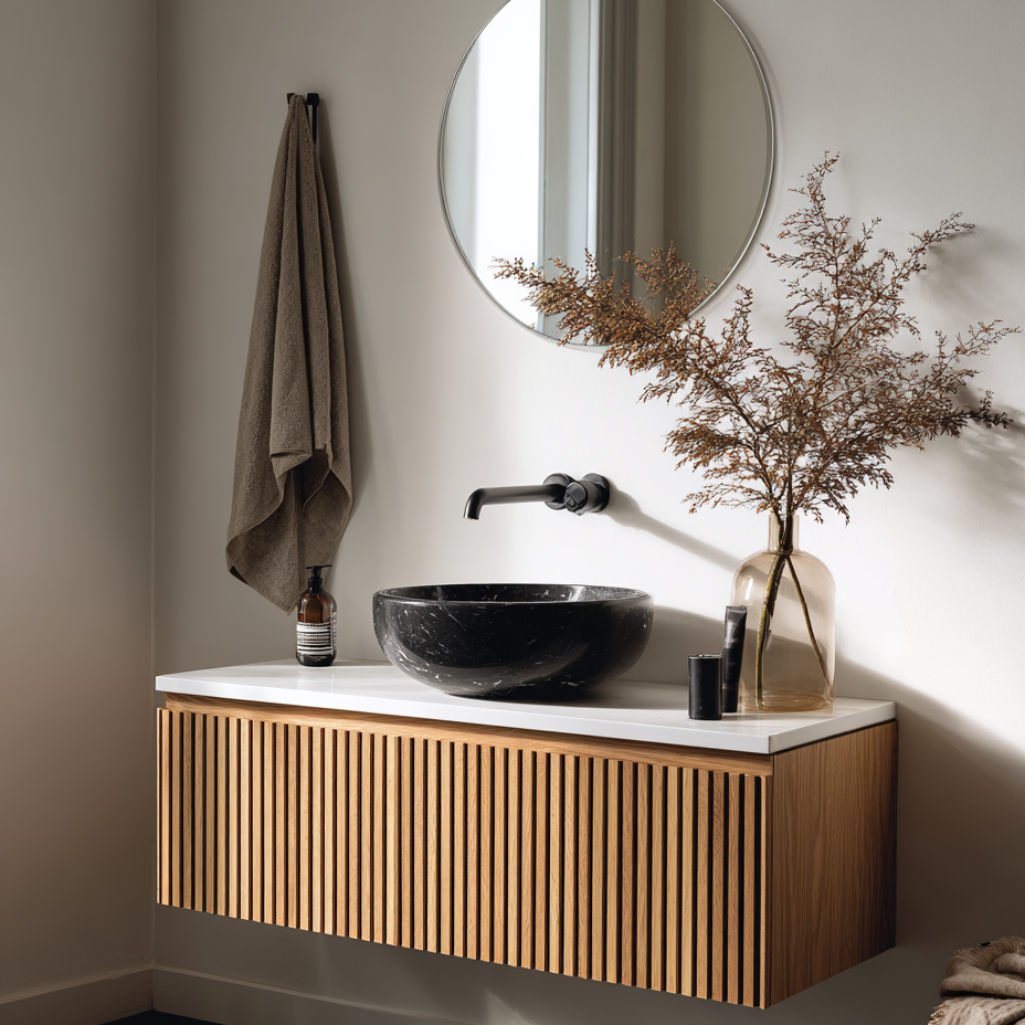 Fluted Oak Floating Vanity — Wabi-Sabi Japandi Bathroom Cabinet
