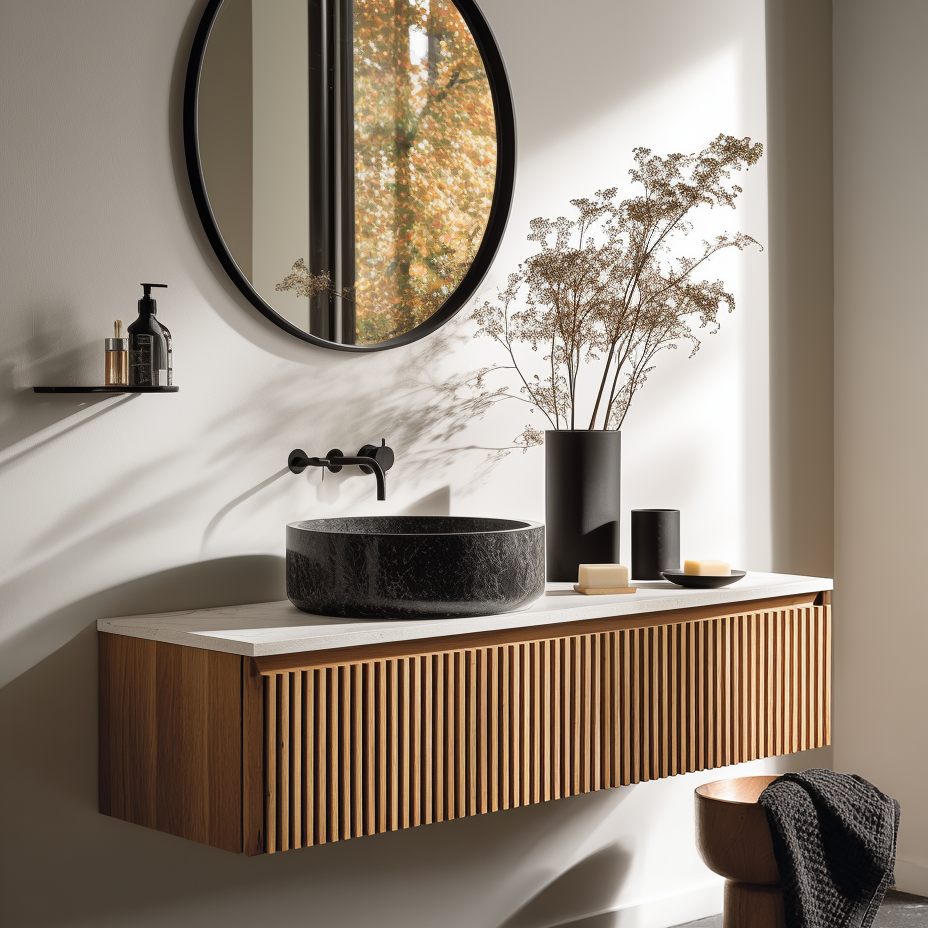Fluted Oak Floating Vanity — Wabi-Sabi Japandi Bathroom Cabinet