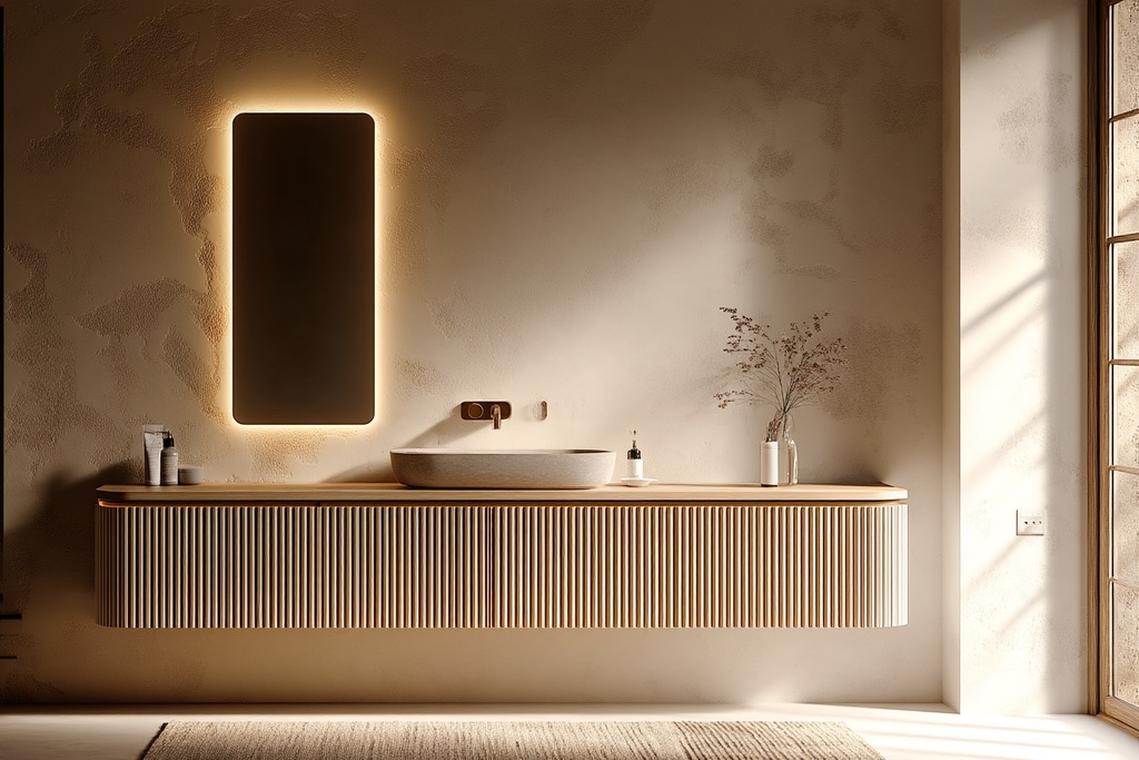 A modern bathroom vanity setup in a warm, minimalist interior. The design features a floating wooden console with a ribbed front, a white oval vessel sink, a wall-mounted rectangular mirror with a warm LED light border, and a brass faucet.