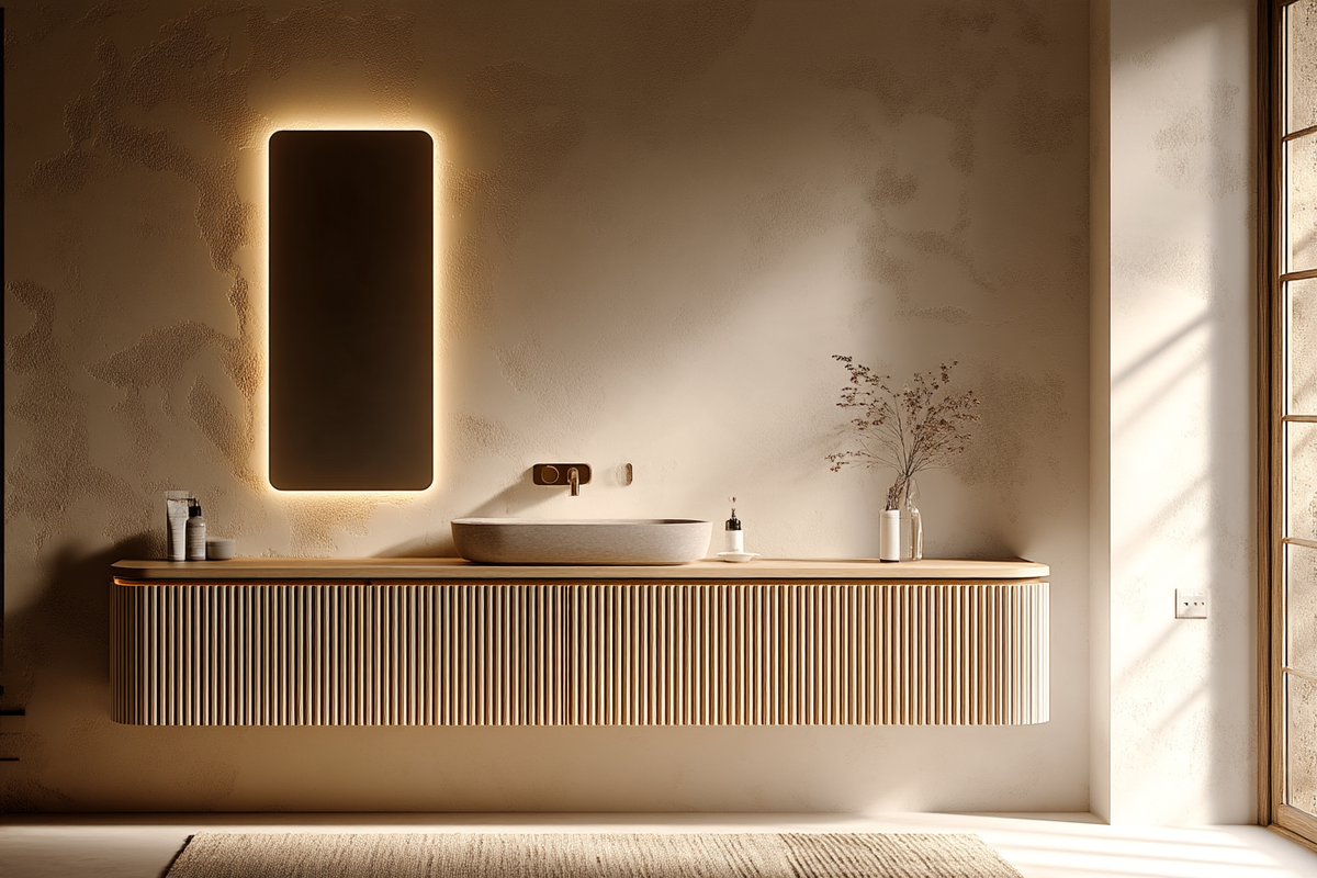 A modern bathroom vanity setup in a warm, minimalist interior. The design features a floating wooden console with a ribbed front, a white oval vessel sink, a wall-mounted rectangular mirror with a warm LED light border, and a brass faucet.
