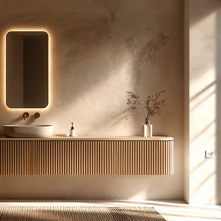 A modern floating bathroom vanity with a slatted wood front, integrated white vessel sink, and a backlit rectangular mirror mounted on a textured plaster wall. Sunlight streams through a window, casting shadows across the wall and floor, with a woven rug in the foreground.