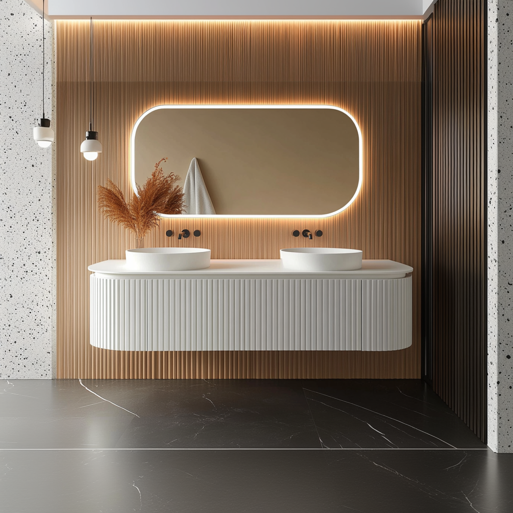 Cream Fluted Floating Vanity - Custom Oak Bathroom Cabinet, Made to Order