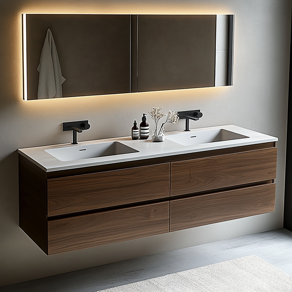 Walnut Floating Double Sink Vanity - Modern Wall-Mounted Bathroom Cabinet
