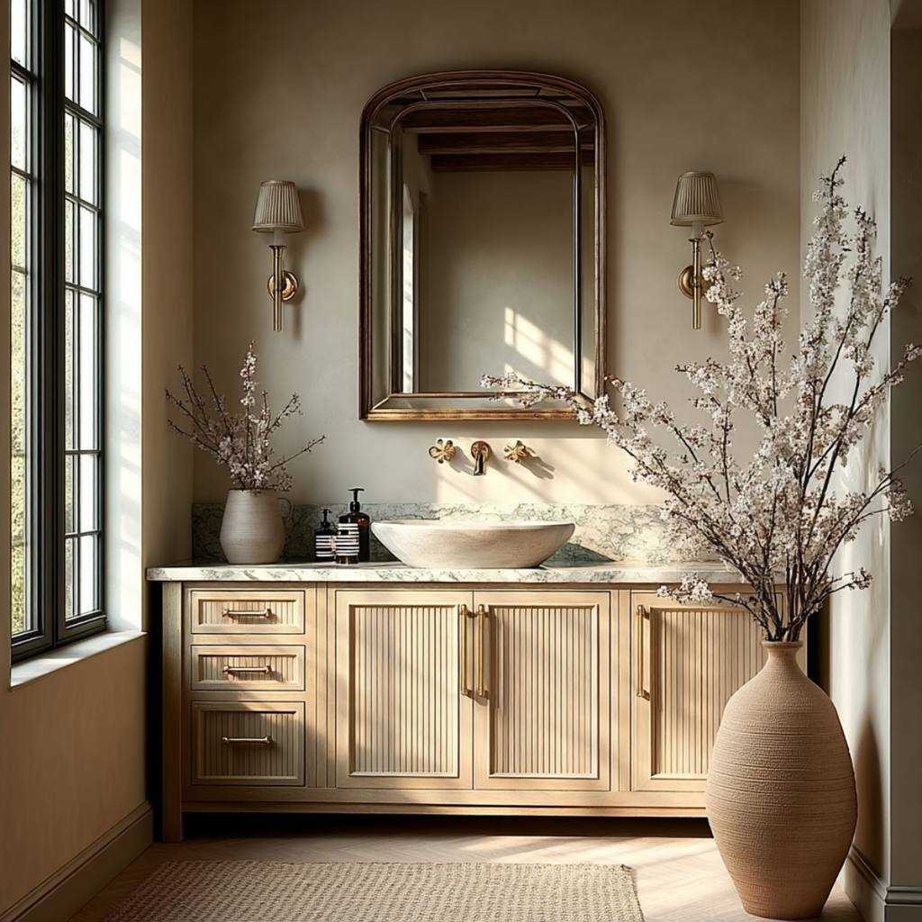 modern japandi oak bathroom vanity