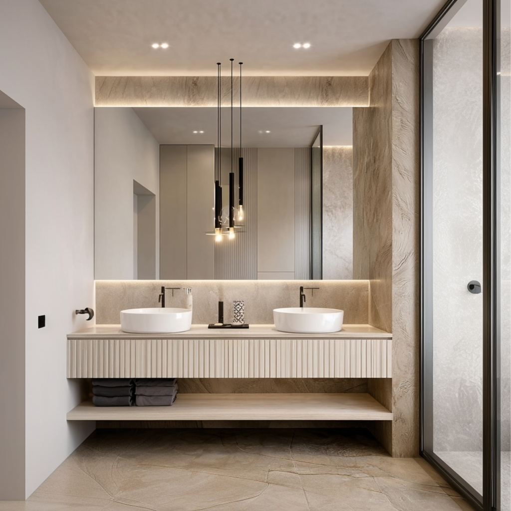 modern bleached oak wall mounted double vanity