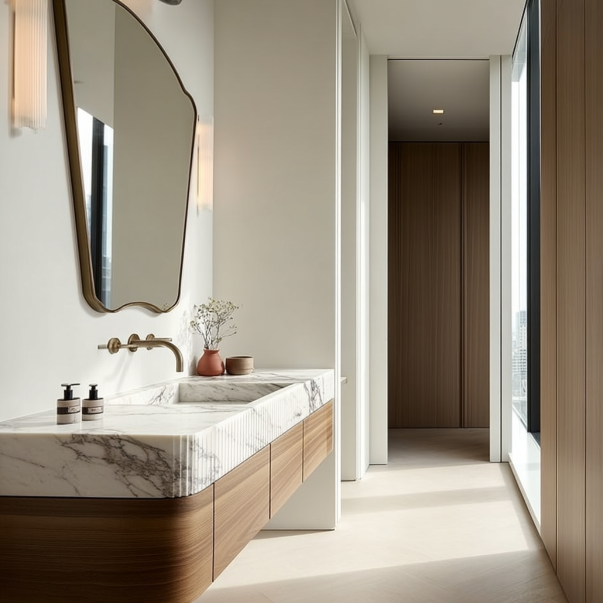 modern walnut wall-mounted bathroom vanity with curved design