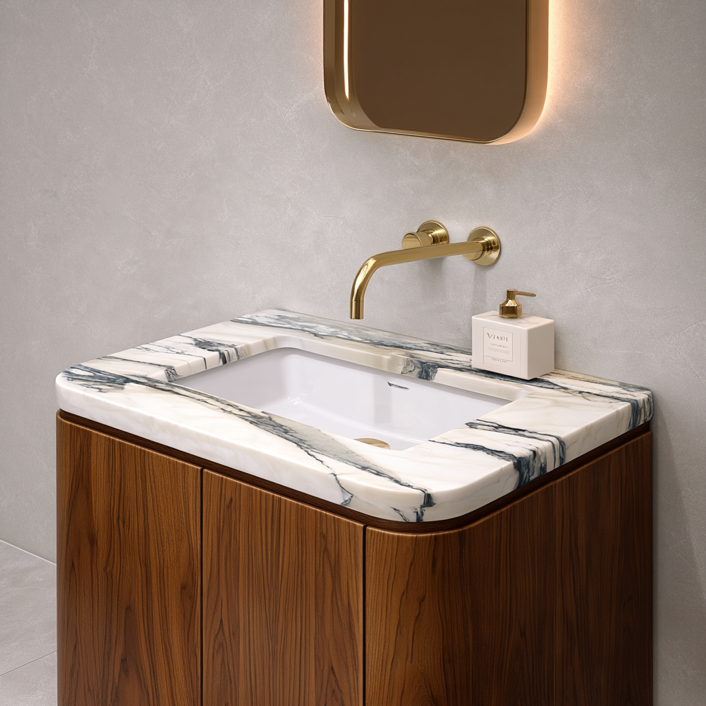 modern curved walnut vanity soft close doors