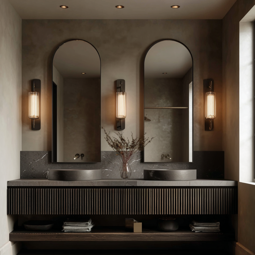 fluted dark oak double sink vanity