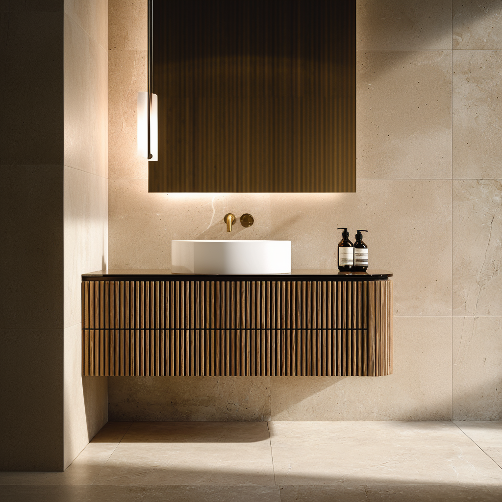 handleless fluted oak bathroom cabinet