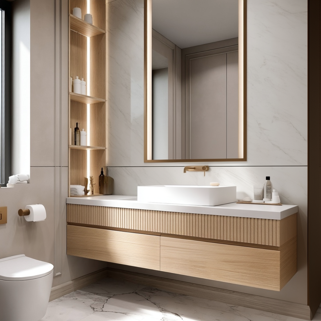 modern fluted oak wall mounted vanity