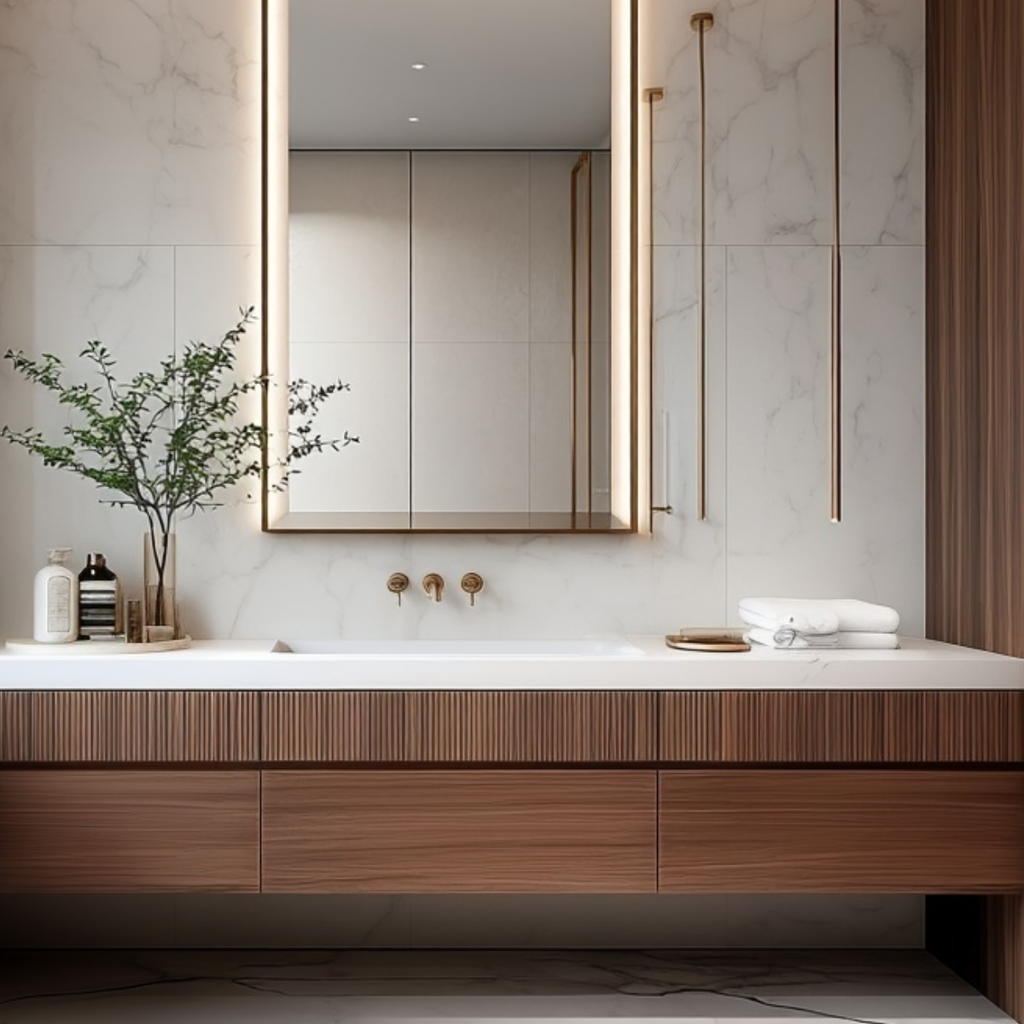 modern fluted walnut wall mounted vanity