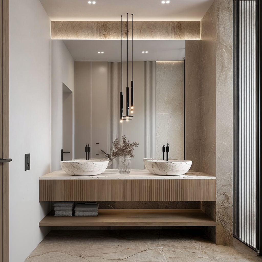 modern fluted walnut wall mounted bathroom cabinet