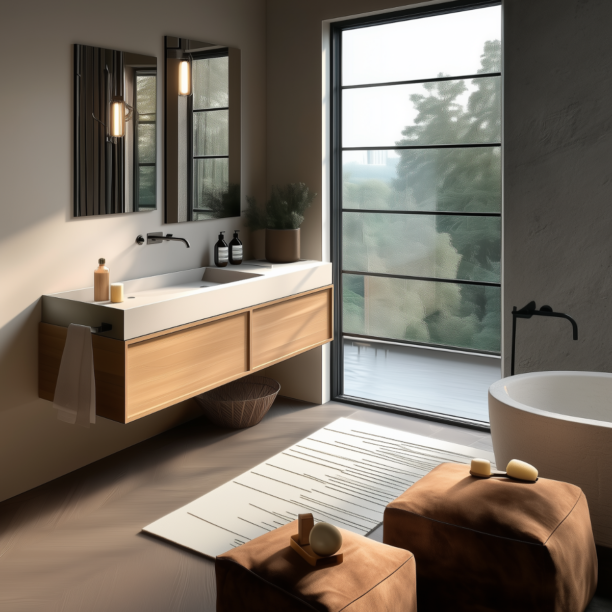 minimalist wall-mounted oak vanity with clean lines and natural satin finish by HEAVEN