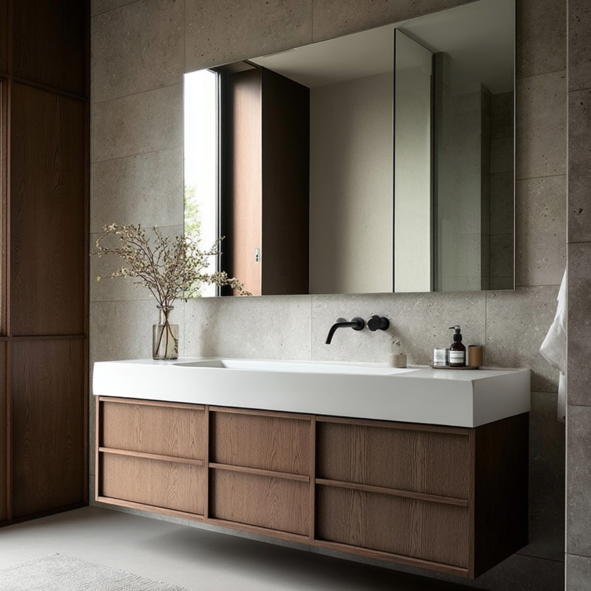 handleless walnut double sink vanity