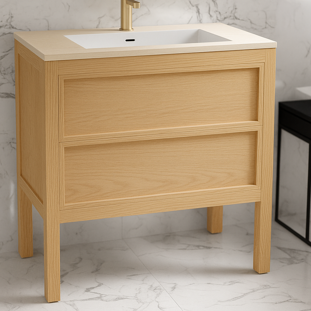 solid white oak vanity with handle-free drawers