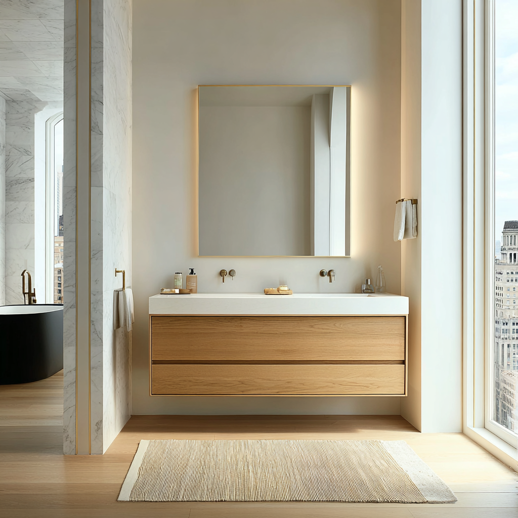 minimalist white oak floating vanity with clean lines and natural finish by HEAVEN.