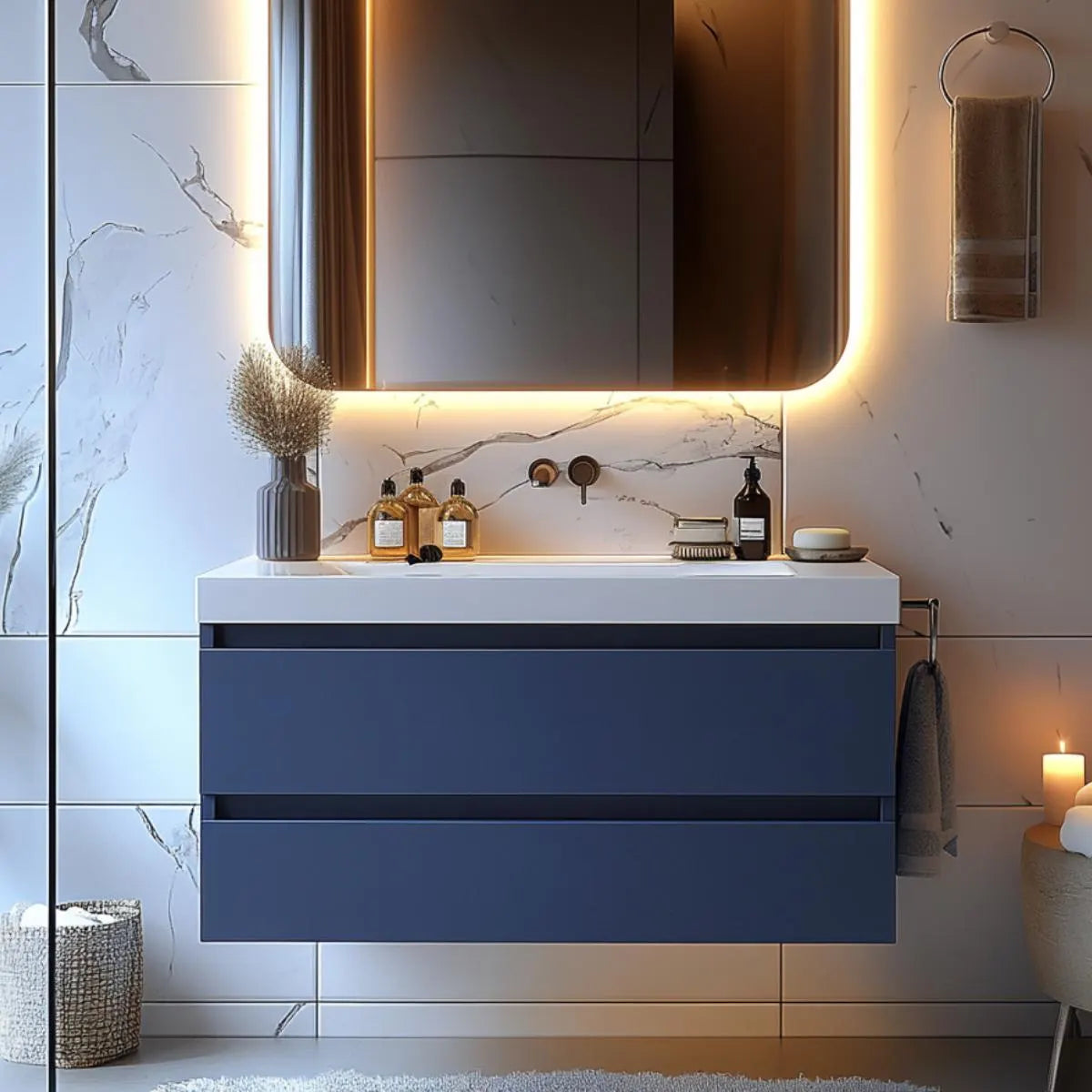 Navy blue floating bathroom vanity with soft-close drawers and satin finish.