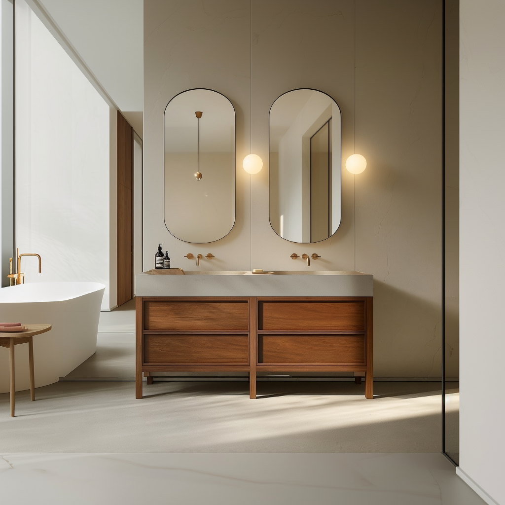 modern walnut bathroom cabinet with soft-close storage