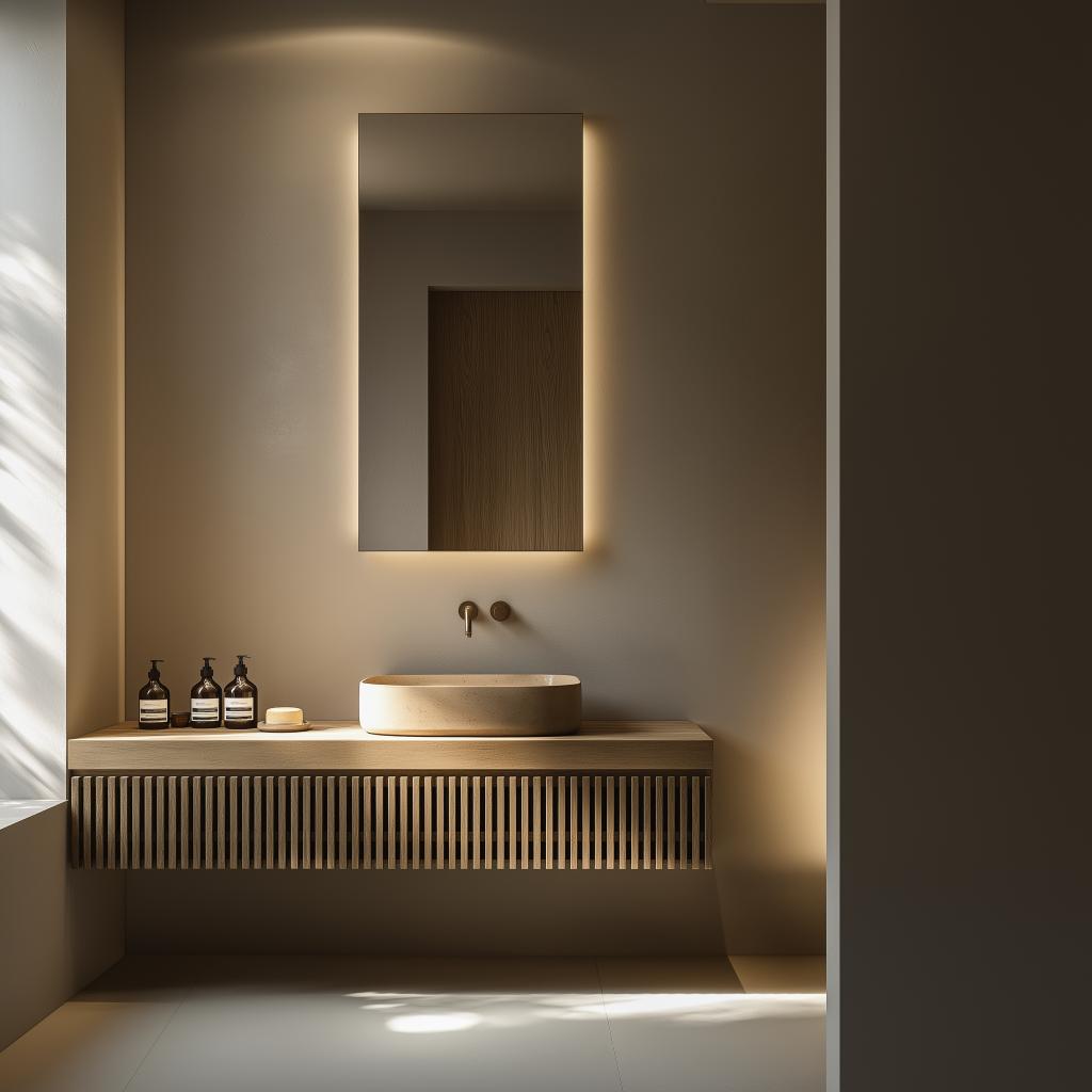Bespoke floating bathroom vanity with fluted wood fronts, vessel sink, and illuminated mirror in a luxury spa interior